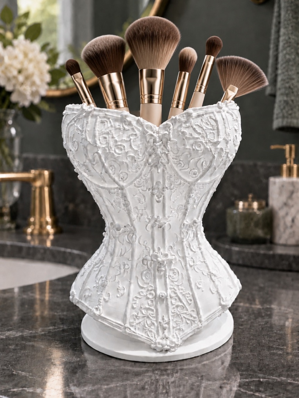 Elegant White Corset Brush Holder – Decorative Bathroom Accent